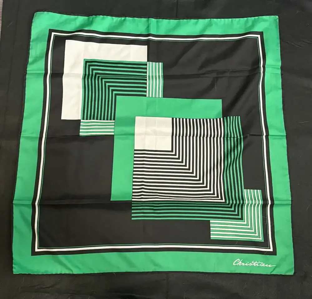 Christian Vintage Geometric Print Silk Scarf Green Black White
